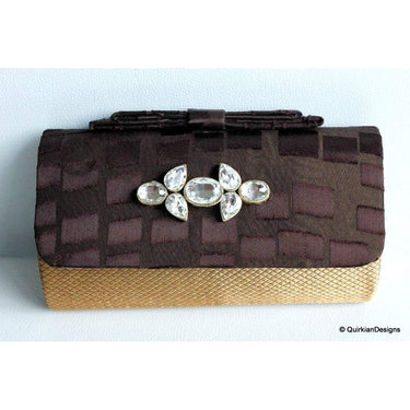 Wedding Party Clutch, Hard Body Purse, Brown And Copper Bronze Fabric Purse